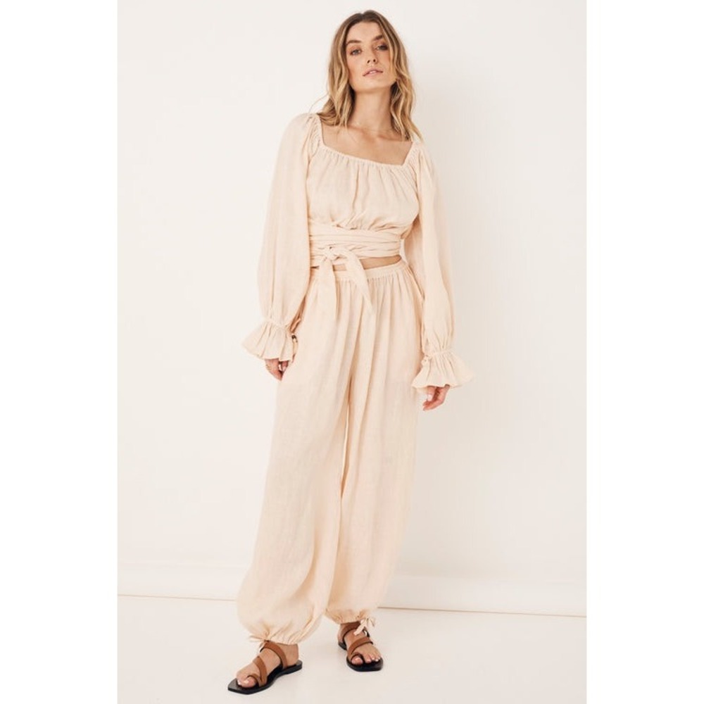 Spell Mae Linen Wide Leg Drawstring Pants Cream XXS